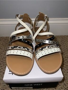Nine West White, Black & Silver Studded Multi-Strap Sandals